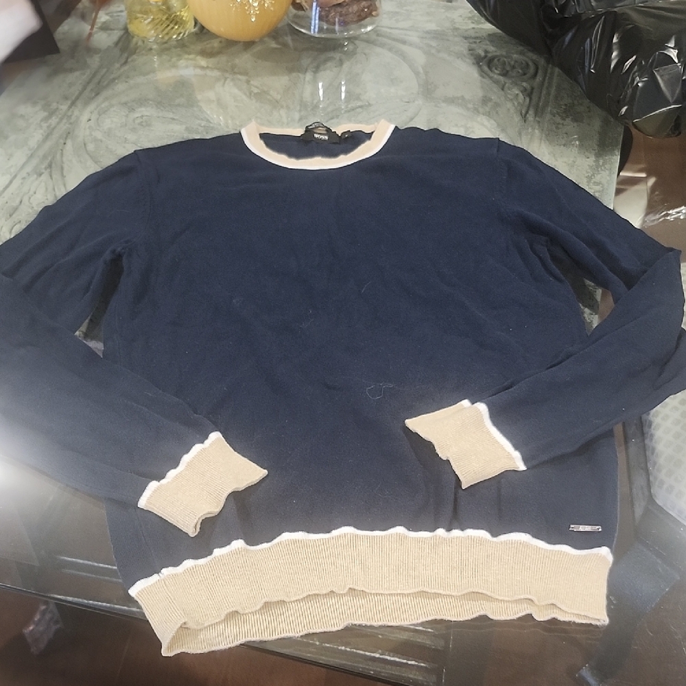 Hugo Boss Mens Navy Block Color Crew Neck Sweater Small